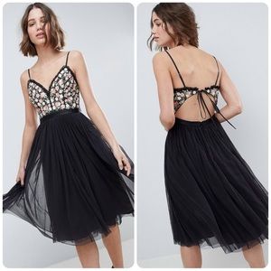 Needle & Thread Dappled MIDI Dress Floral Embroidered Black Tulle​